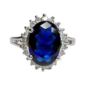 Vintage Sterling Silver Avon RJ Graziano Blue Sapphire CZ Halo Ring , Size 11